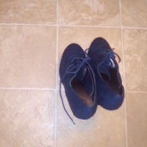 Blue suede bootie heels